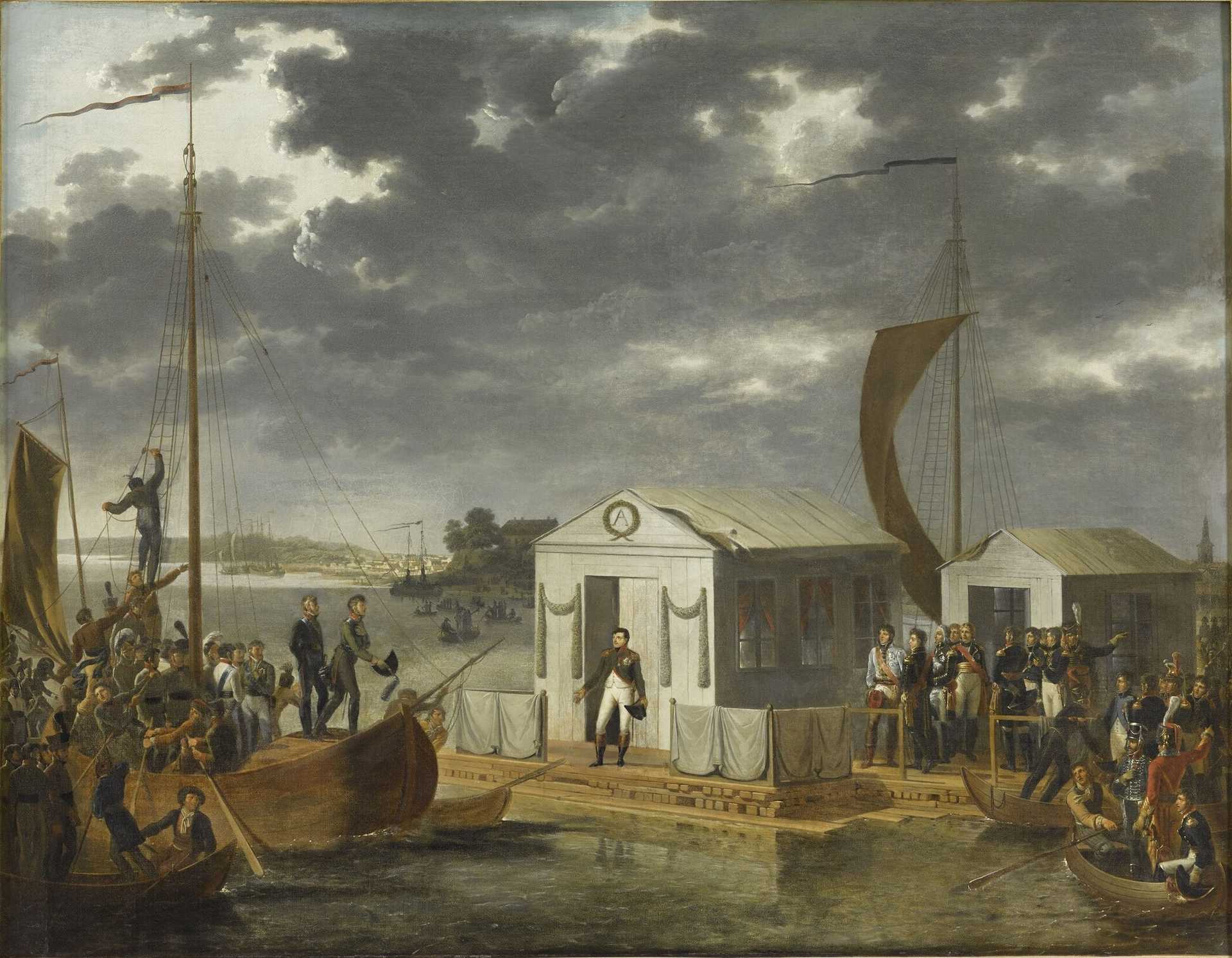 The historical drawing shows a river under cloudy skies, stirred by several boats. The ones in the foreground are to reach a raft where the pavillon is set up for the two rulers to meet up in.