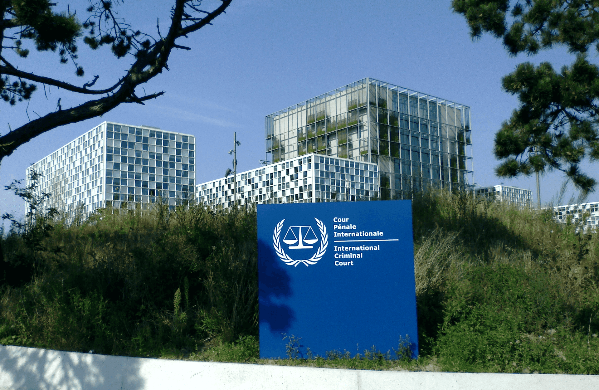 The International Criminal Court's Headquarters are modern cubic buildings with a lot of glass, surrounded by gardens.